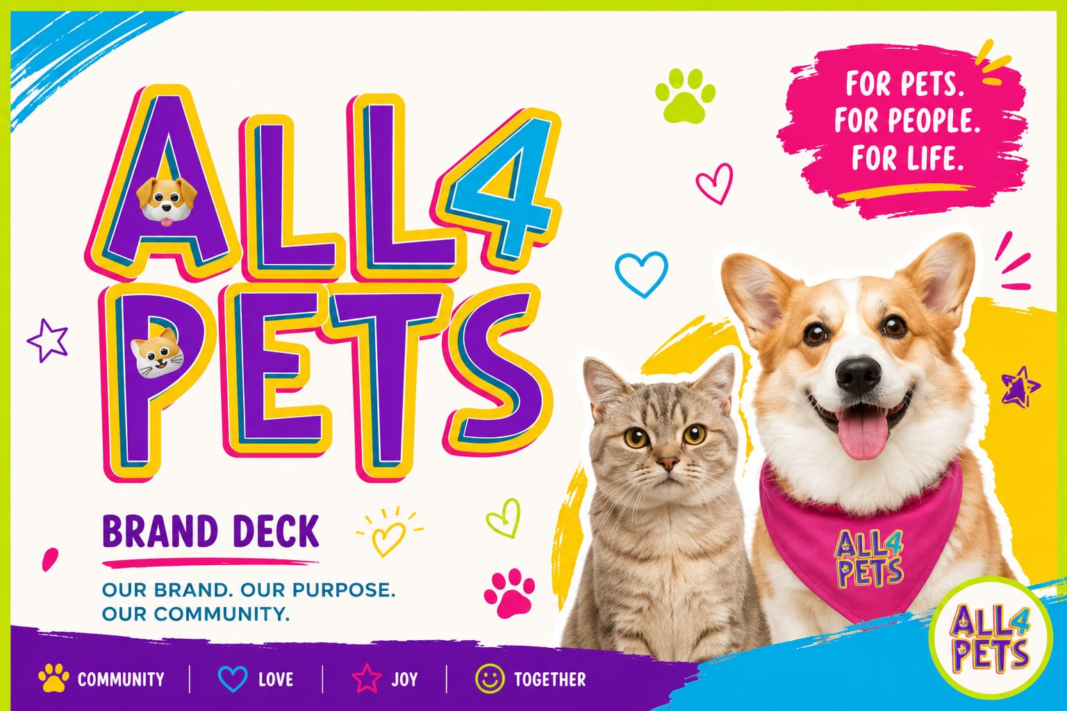 For Pets. For People. For Life — cute corgi and cat